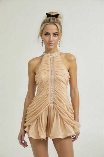 Abelle Halter Mesh Rhinestone Ruffle Dress